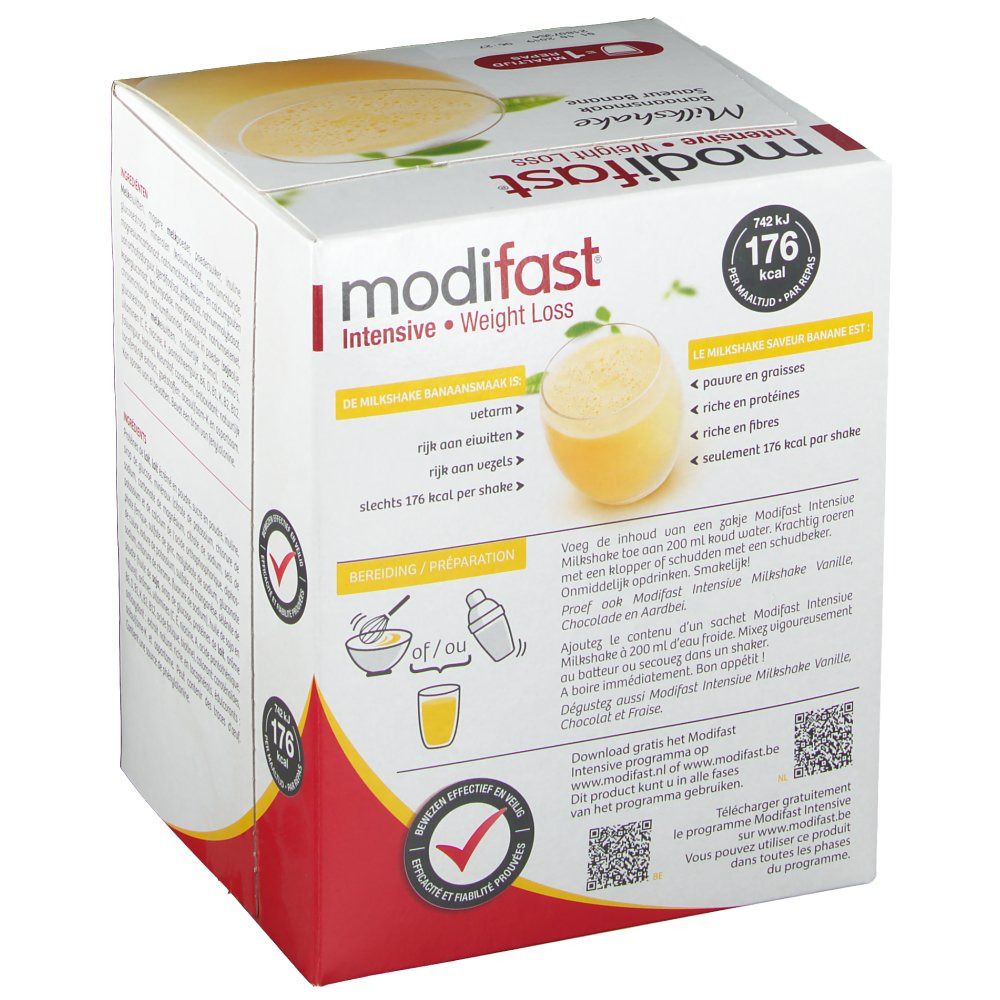 Boîte Modifast Intensive Milkshake Banane. Instructions de préparation et informations nutritionnelles. Logo rouge, texte blanc. Boisson jaune.