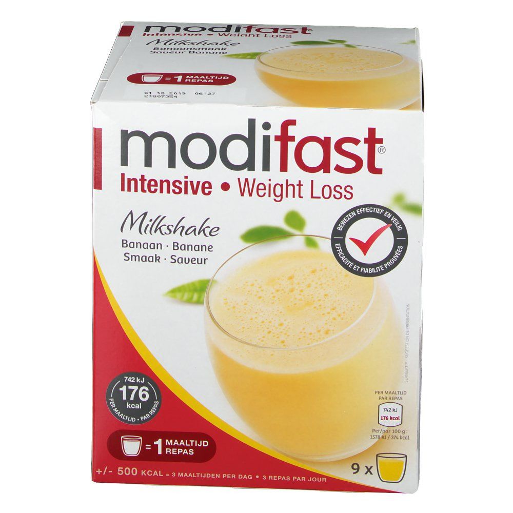 Boîte Modifast Intensive Milkshake Banane. Logo rouge, texte blanc. Boisson jaune dans un verre. 9 portions. 176 kcal par portion.