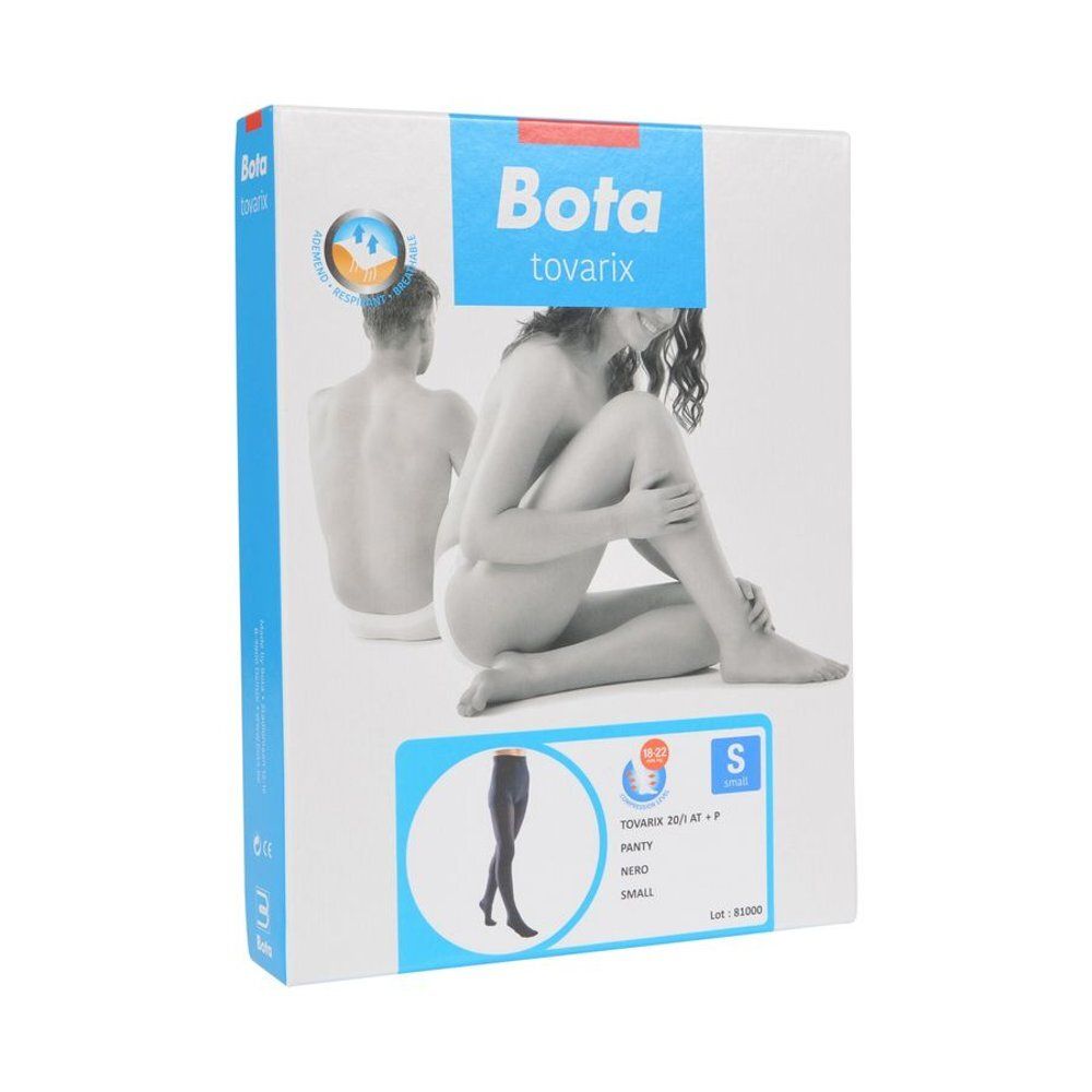 Emballage Bota Tovarix. Couvercle bleu, carton blanc. Illustration de jambes. Trois ovales avec des produits.