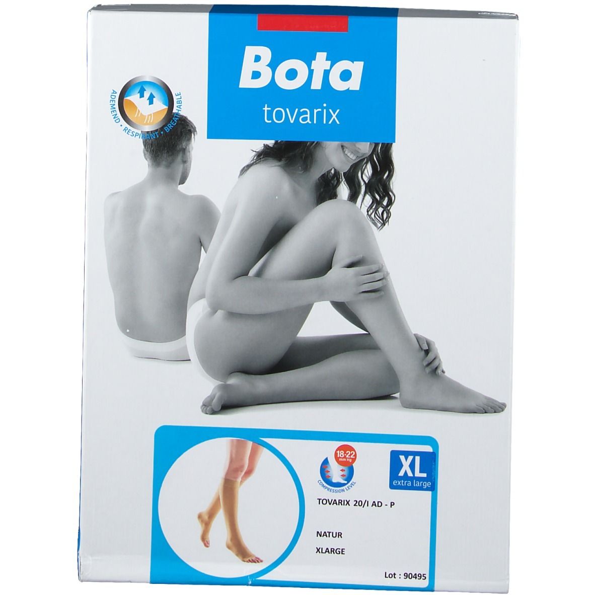 Bota Tovarix Kompressionsstrümpfe, XL, Natur. Kartonverpackung mit Abbildungen von Personen.