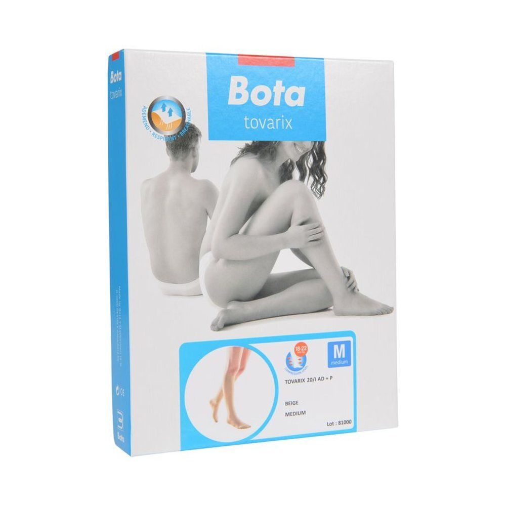 Vue de face de l'emballage Bota tovarix. Logo, nom du produit, taille M, illustration de jambe, Beige.