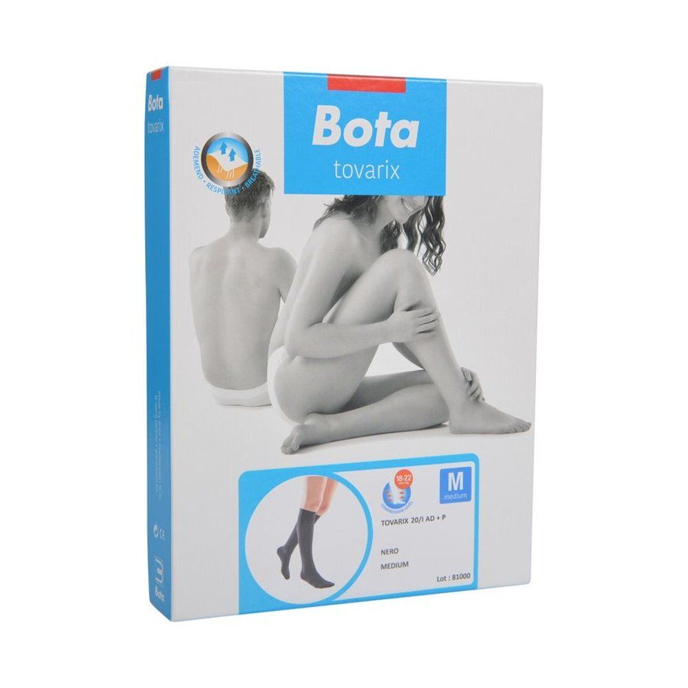 Boîte Bota tovarix. Bas de compression noirs, taille M. Illustration d'une femme et d'un homme.
