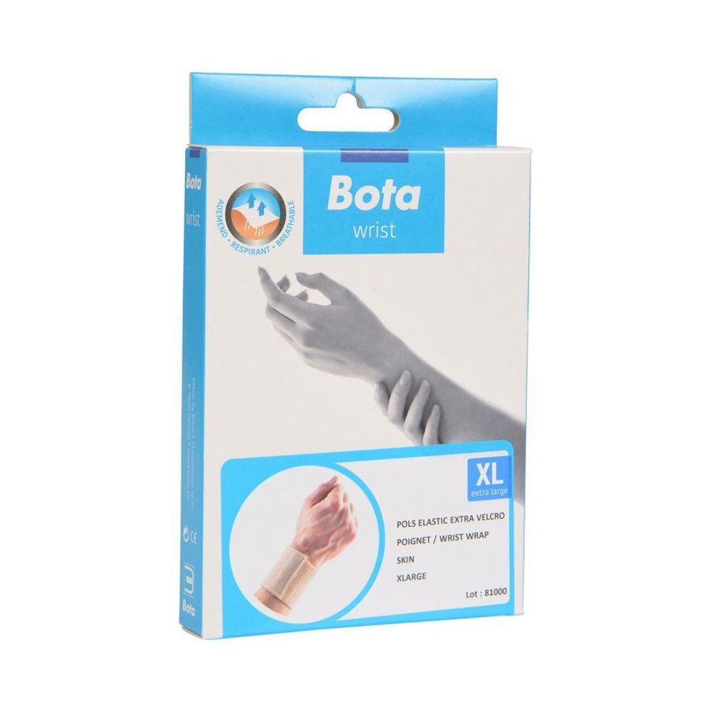 Bandage de poignet Bota en emballage. Boîte bleu et blanche avec image et logo. Taille XL.