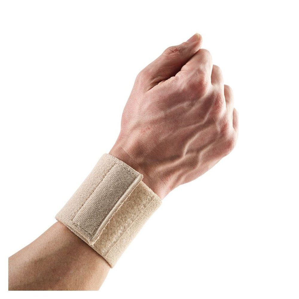 Attelle de poignet beige avec fermeture velcro. Portée sur un bras.