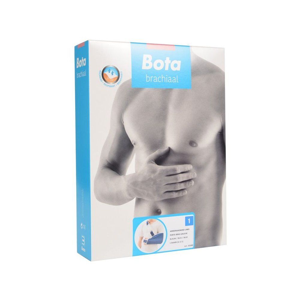 Emballage pour une écharpe de bras. L'emballage montre un homme portant une écharpe de bras. Texte: Bota brachial.