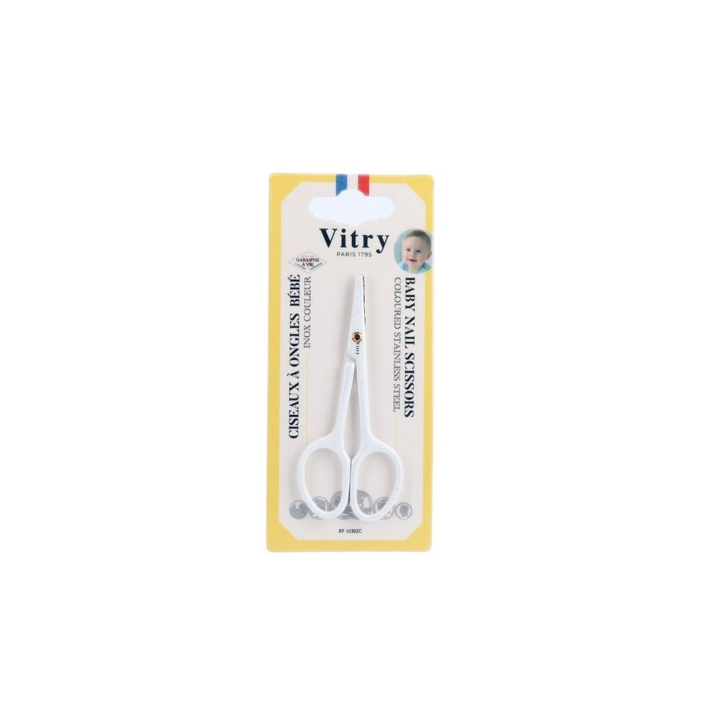 Ciseaux à ongles bébé blancs sur emballage. Marque Vitry. Acier inoxydable. Fabriqué en France.