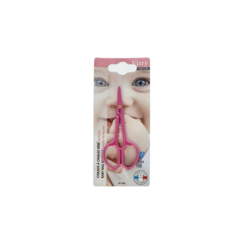 Ciseaux à ongles bébé roses sur emballage. Marque Vitry. Acier inoxydable. Fabriqué en France.