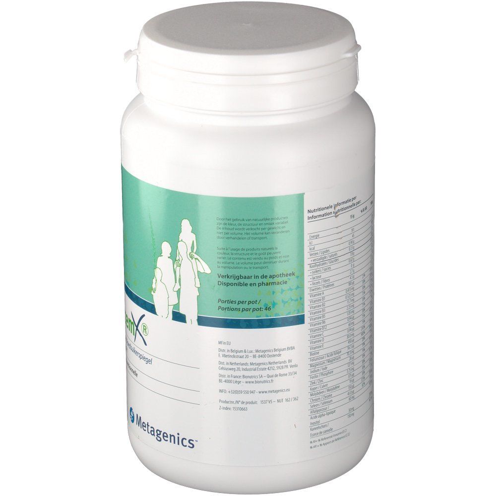 Rückansicht des weißen, zylindrischen Produkts. Etikett mit Text und Nährwertangaben. Schraubverschluss. Metagenics-Logo.