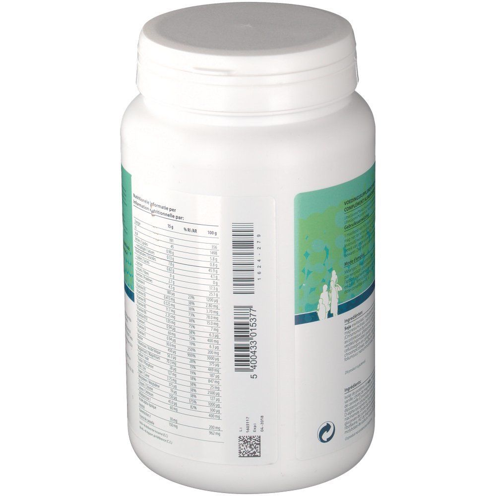 Rückansicht des weißen, zylindrischen Produkts. Etikett mit Text, Nährwertangaben und Barcode. Schraubverschluss.