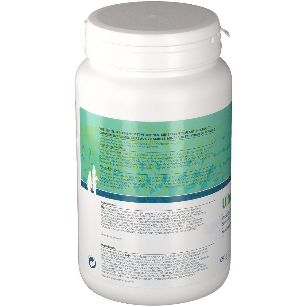 Rückansicht des weißen, zylindrischen Produkts. Etikett mit Text, Inhaltsstoffen und Nährwertangaben. Schraubverschluss.