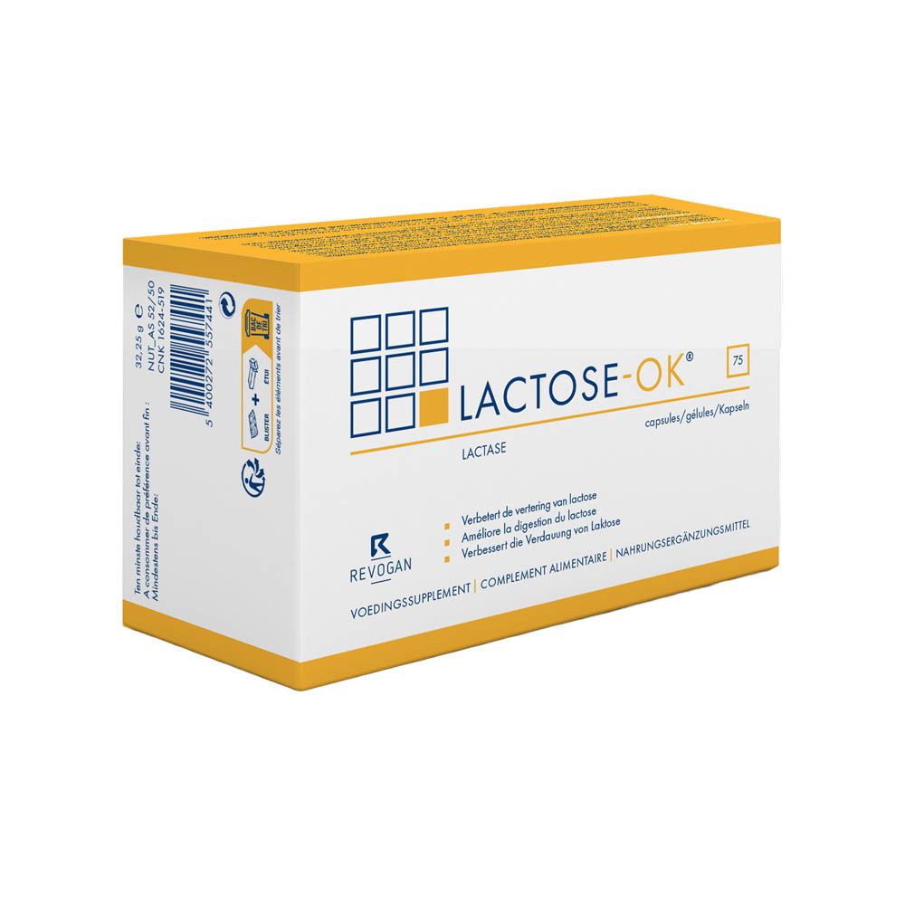 Gelbe Schachtel LACTOSE-OK. 75 Kapseln. Produktabbildung vor hellem Hintergrund. Text und Illustrationen.