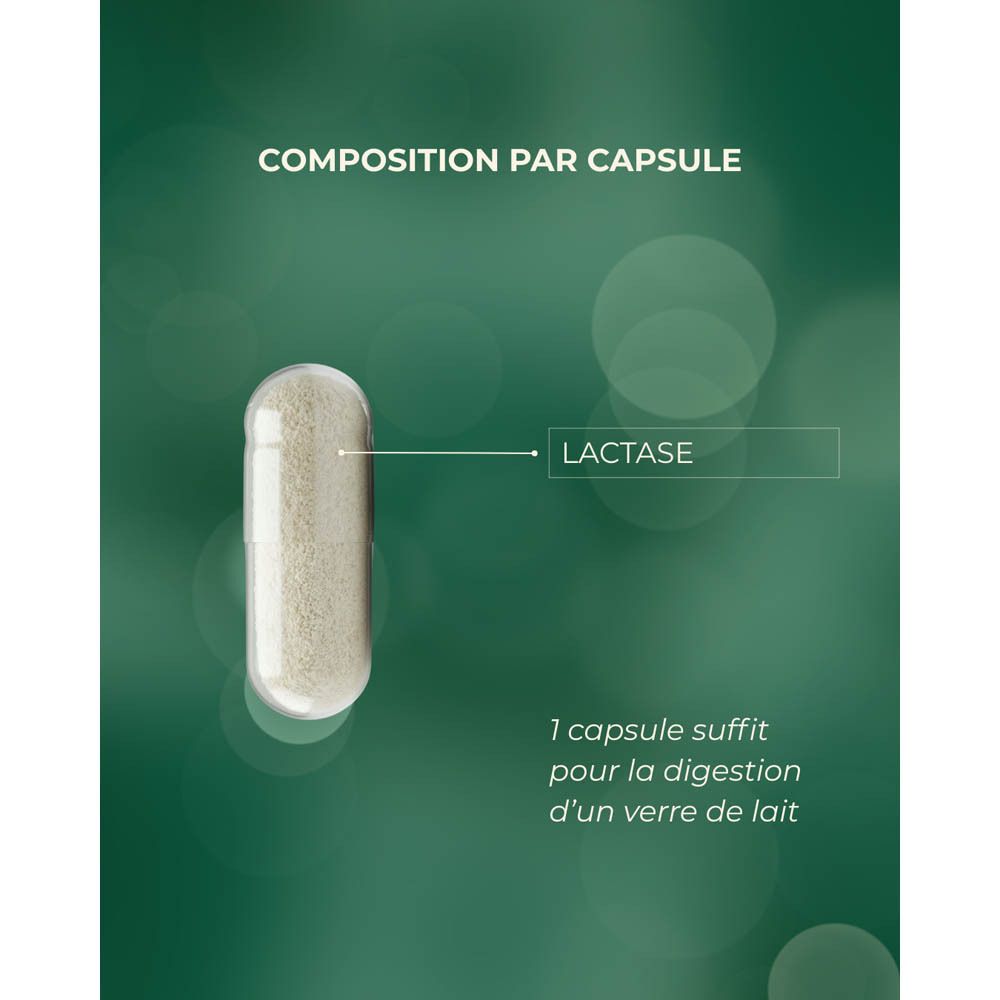 Gélule avec texte: LACTASE. Texte: 1 gélule suffit pour la digestion d'un verre de lait. Fond vert.
