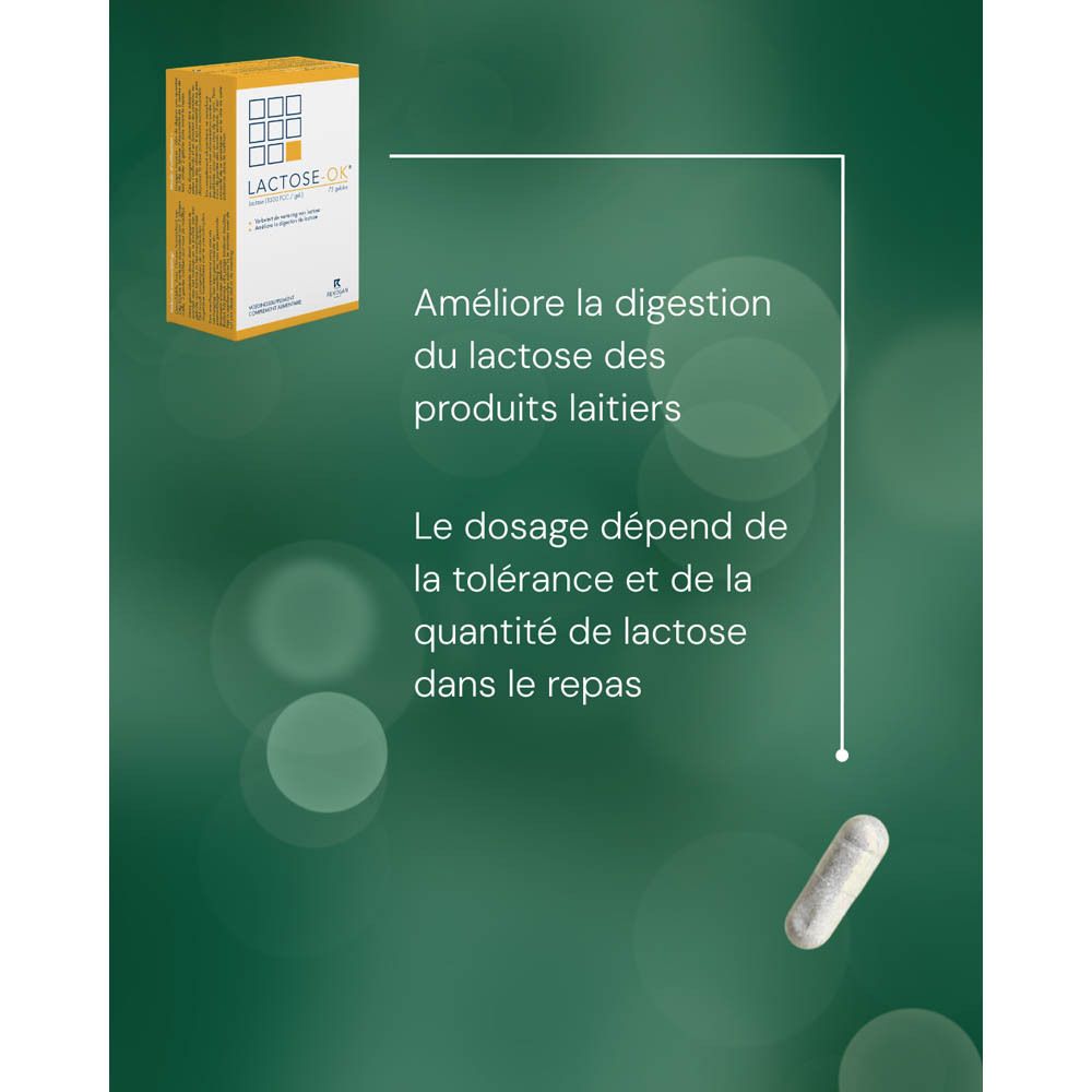 Boîte LACTOSE-OK et gélule. Texte: Améliore la digestion du lactose des produits laitiers. Fond vert.