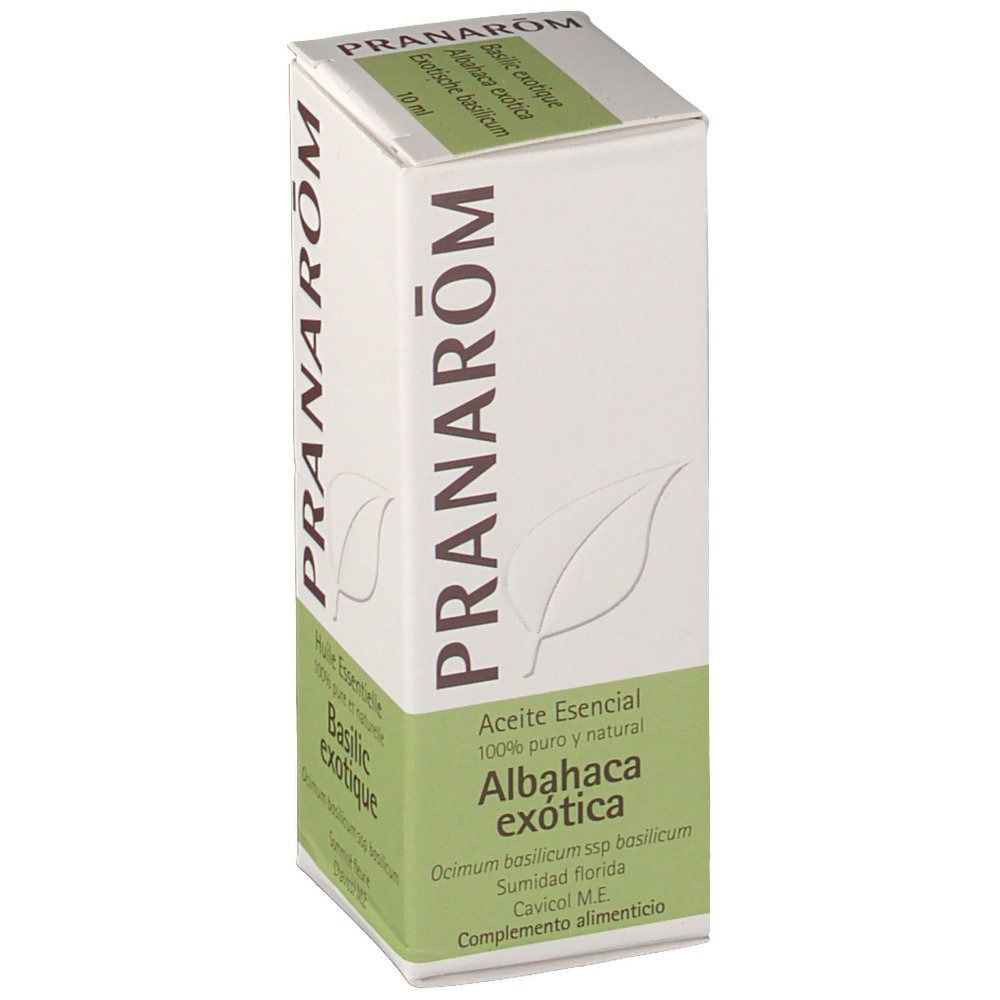 Weißer Karton mit grünen Akzenten. Aufschrift PRANAROM und Produktname. Enthält 'Aceite esencial' und 'Albahaca exótica'.