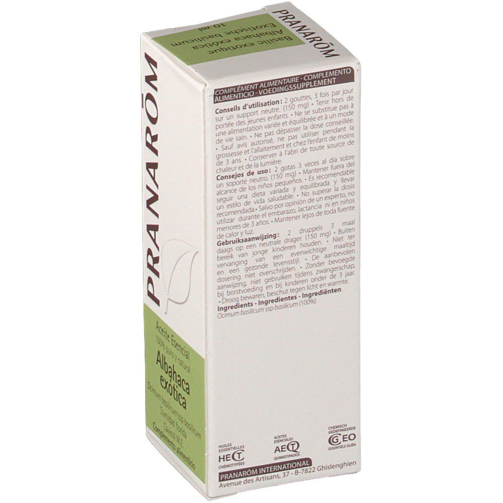 Rückseite der weißen Verpackung. Text in mehreren Sprachen. Enthält Informationen zu Anwendung und Inhaltsstoffen. Logos und Zertifizierungen.