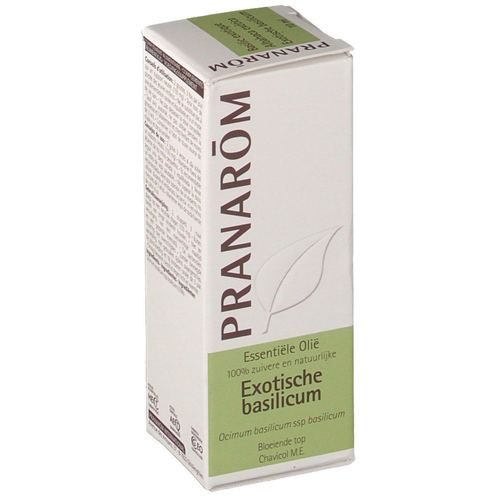Weißer Karton mit grünen Akzenten. Aufschrift PRANAROM und Produktname. Enthält 'Essentiële olie' und 'Exotische basilicum'.