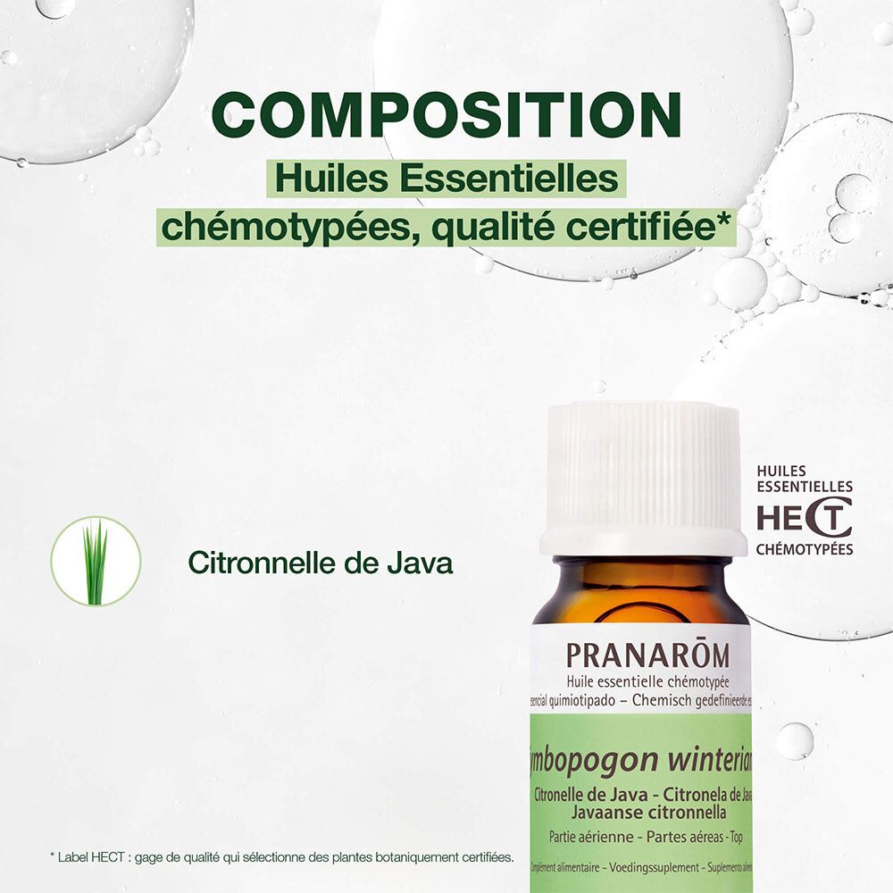 Flacon en verre brun avec bouchon blanc et étiquette. PRANAROM Citron Java. 10 ml.