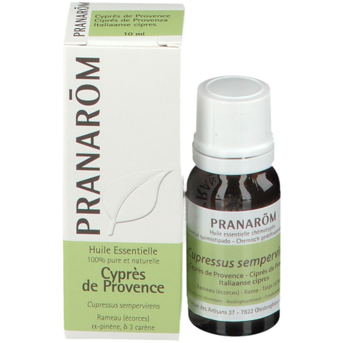 Braune Glasflasche und Schachtel. Aufschrift PRANAROM und 'Cypres de Provence'.