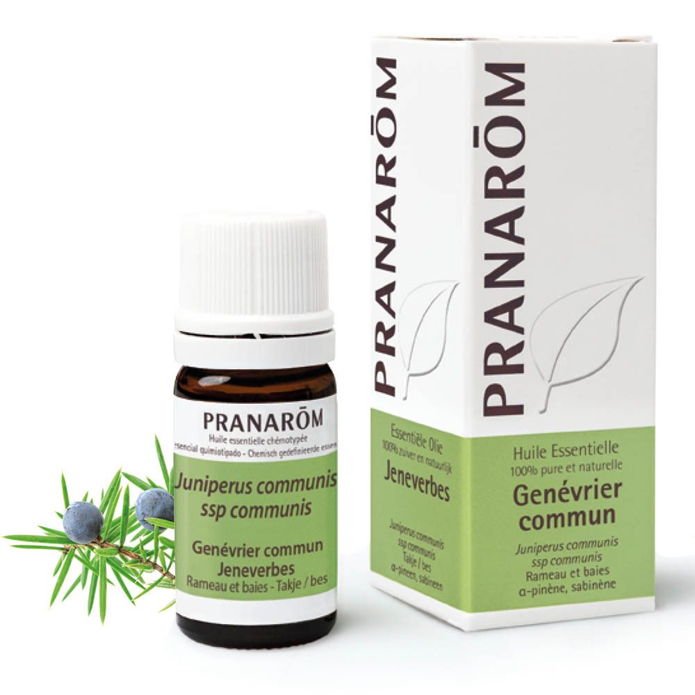 Produktverpackung und Flasche. Auf der Verpackung steht PRANAROM und Genévrier commun. Flasche mit weißem Deckel.