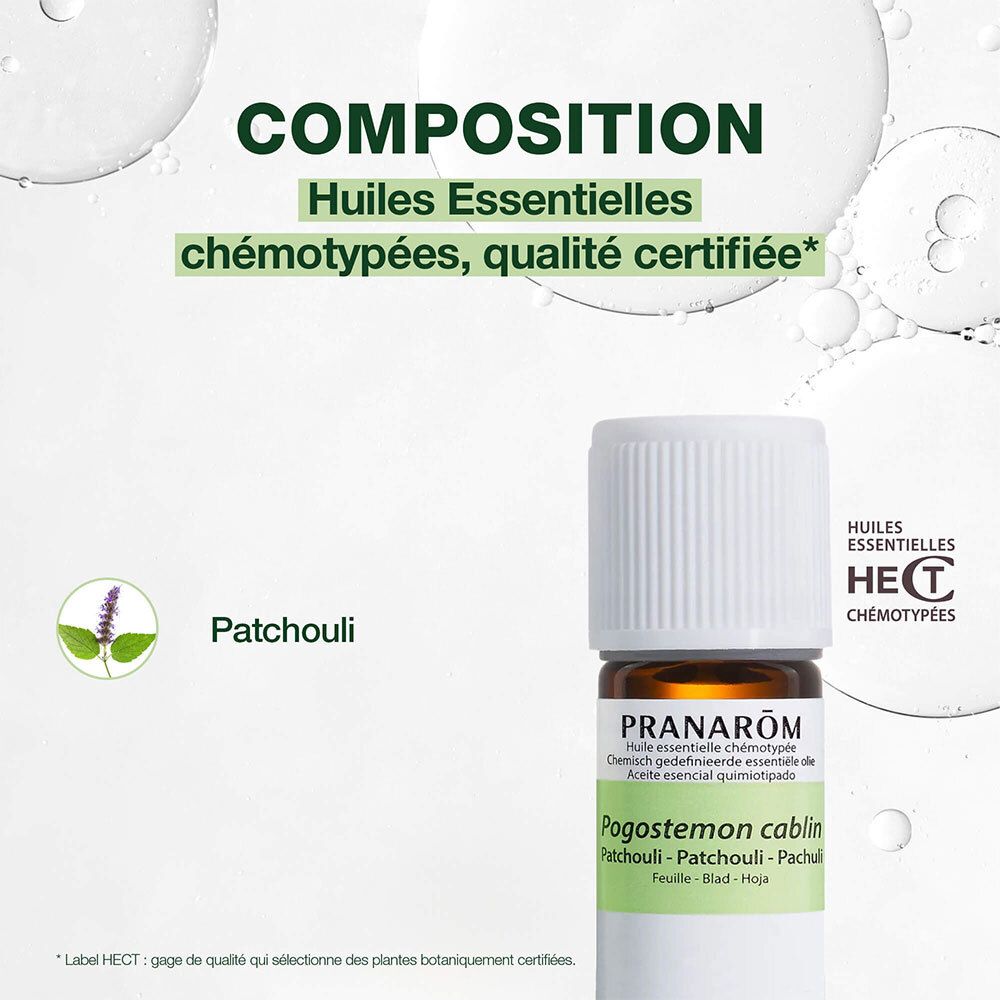 Flacon Pranarom Patchouli. Texte: Composition, Huiles Essentielles chémotypées. Label de qualité.