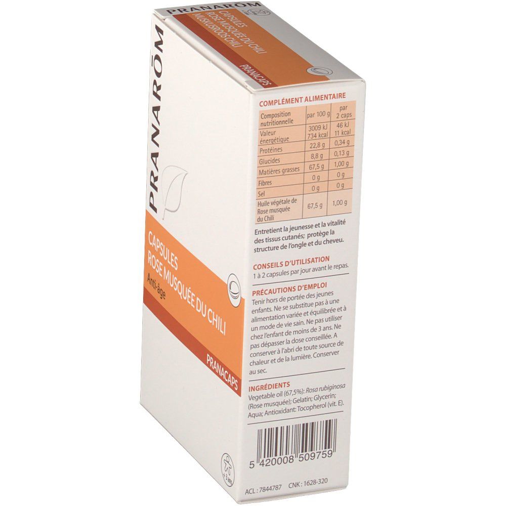 Kartonverpackung mit Produktinformationen. Aufschrift: Pranarom, Capsules Rose Musquée du Chili, Anti-âge. Nährwertangaben.
