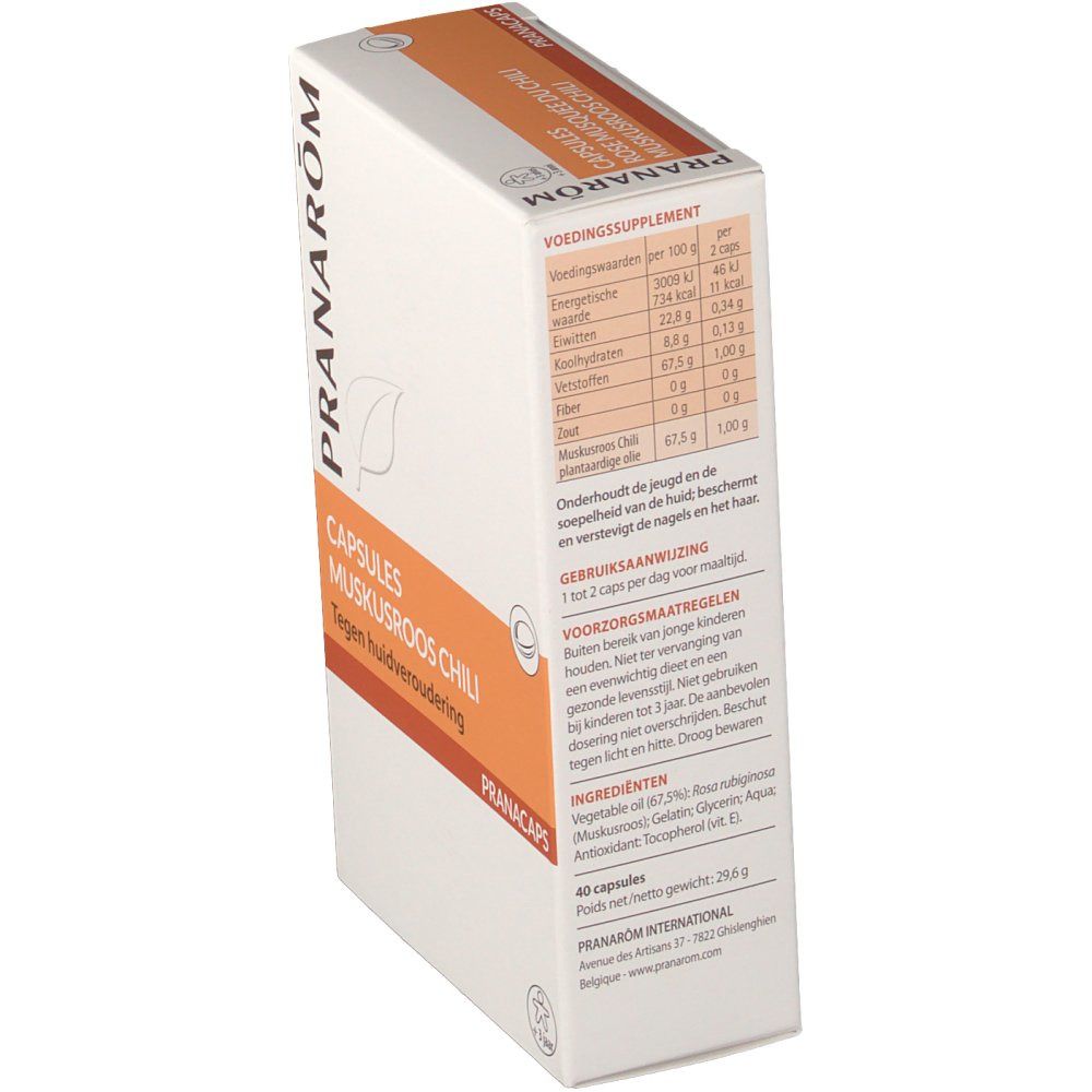Kartonverpackung mit Produktinformationen. Aufschrift: Pranarom, Capsules Muskusroos Chili, Tegen huidveroudering. Nährwertangaben.