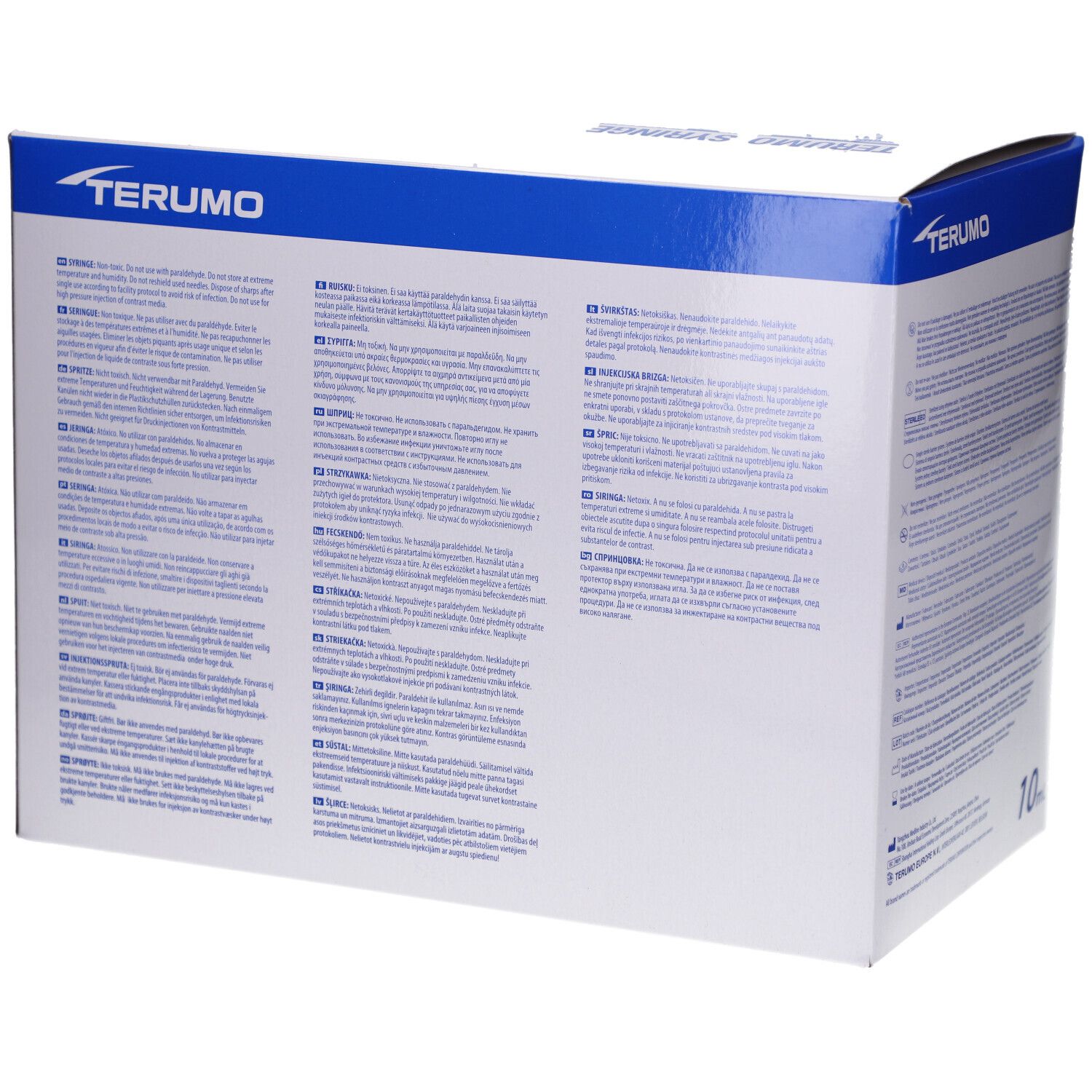 Rückseite der Terumo-Spritzen-Verpackung. Text in mehreren Sprachen. Enthält Informationen über das Produkt und Hersteller.