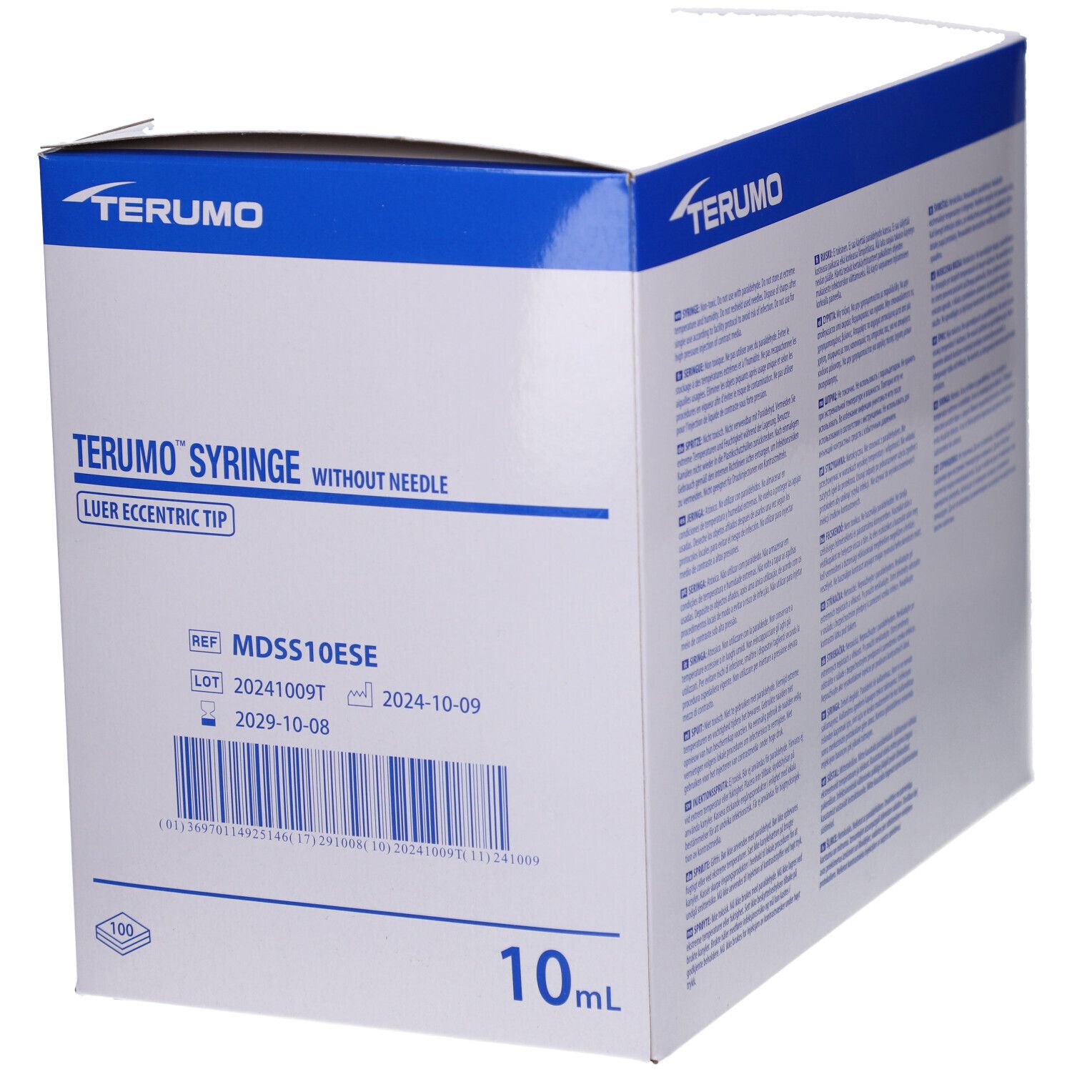 Terumo-Spritzen-Verpackung mit Produktinformationen. Enthält Chargennummer, Verfallsdatum und Volumenangabe von 10 ml.