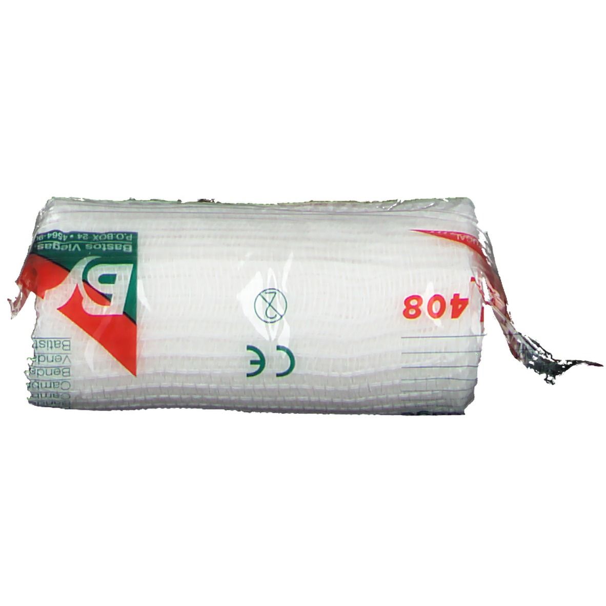 Rouleau de bandage sous film. Inscription: 408, marquage CE, logo. Fabricant: Bastos Viegas, Portugal.