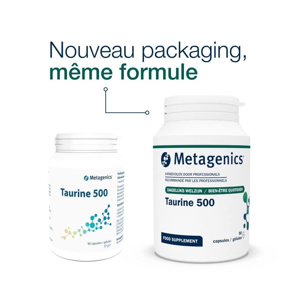 Deux flacons blancs de gélules. Inscription: Taurine 500. Marque: Metagenics. Nouveau packaging, même formule.