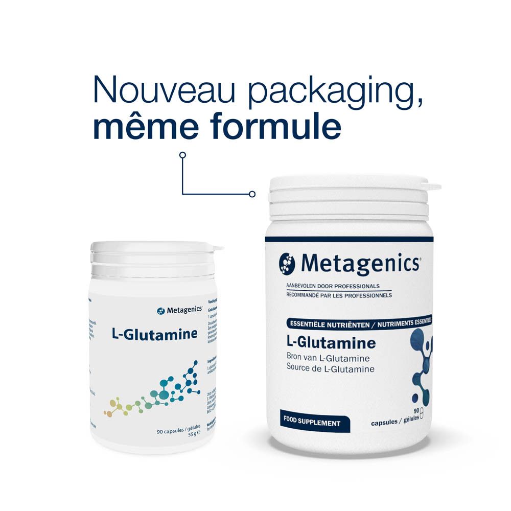 Boîte blanche avec L-Glutamine et logo Metagenics. 90 gélules. Graphique de molécules bleues et vertes.