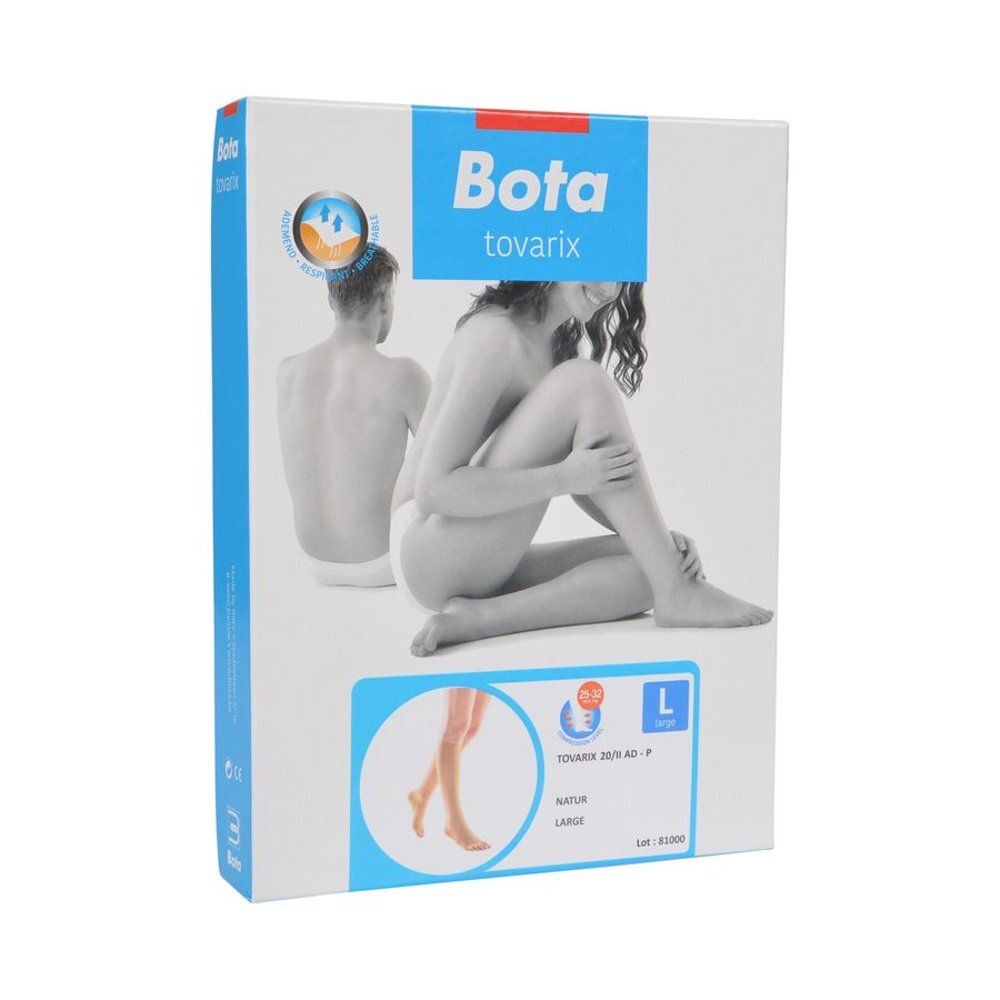 Emballage Bota tovarix. Inscription : Bota tovarix, L, Natur. Image d'une femme et d'une jambe.