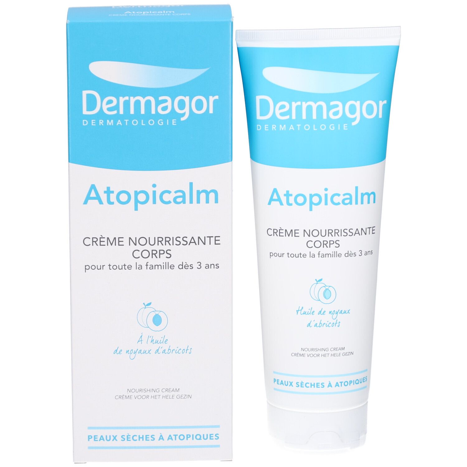 Produktverpackung: Tube und Schachtel. Beide zeigen Logo und Produktnamen. Text: Atopicalm, Crème Nourrissante Corps. Mit Aprikosenöl.