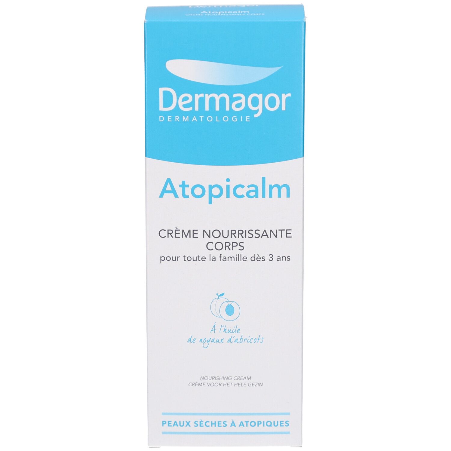 Produktverpackung: Schachtel mit Logo und Produktnamen. Text: Atopicalm, Crème Nourrissante Corps. Mit Aprikosenöl. Für trockene, atopische Haut.