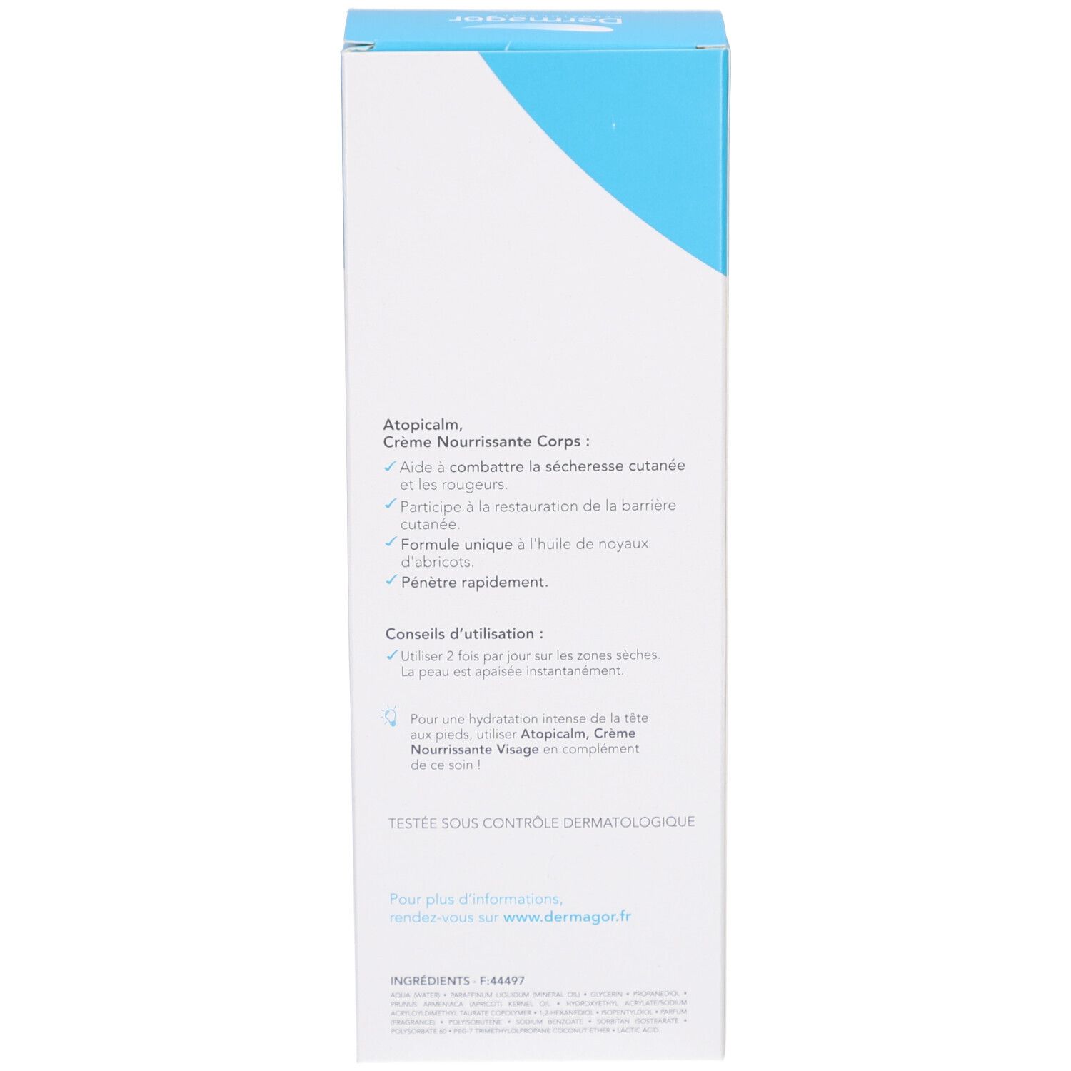 Seite der Schachtel. Text: Atopicalm, Crème Nourrissante Corps. Anwendungshinweise. Dermatologisch getestet. Inhaltsstoffe.