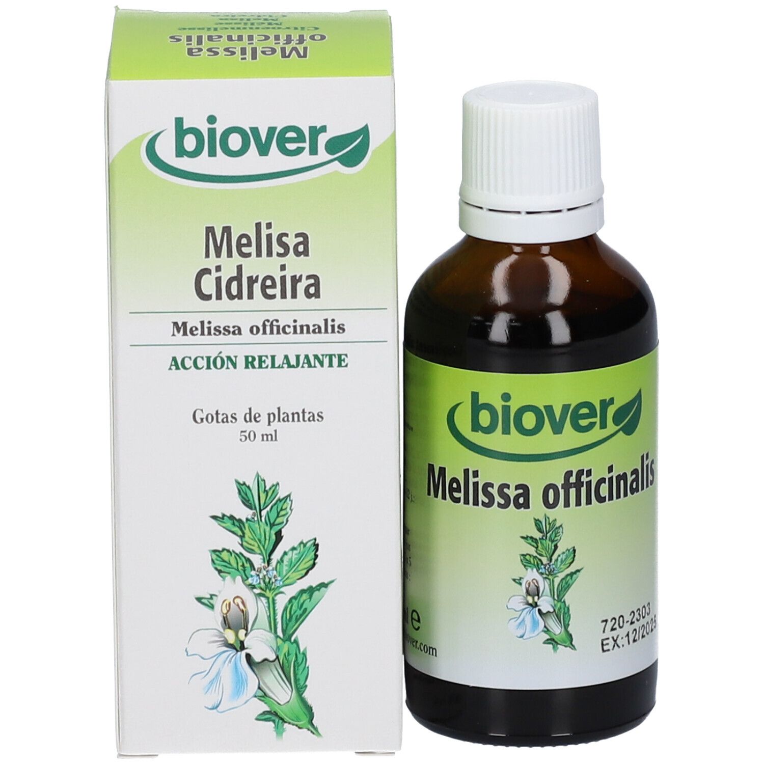 Emballage du produit avec flacon. Flacon : verre brun, bouchon blanc, étiquette "Biover Melissa officinalis". Boîte : vert-blanc, texte.