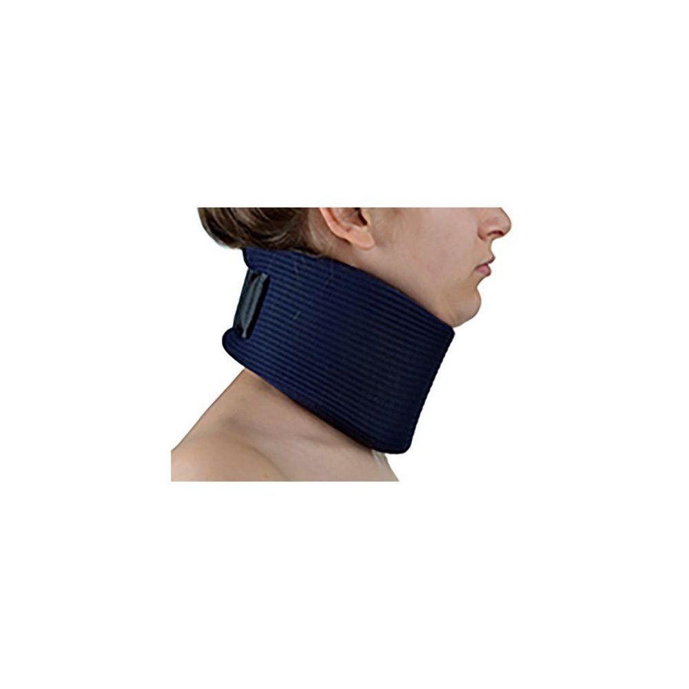 Collier cervical bleu-noir. Vue latérale. Caractéristique du produit: fermeture velcro.