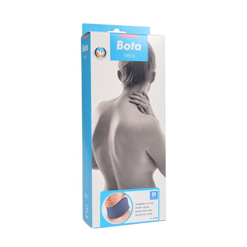 Emballage du collier cervical Bota. Nom du produit et taille M. Image du collier cervical.