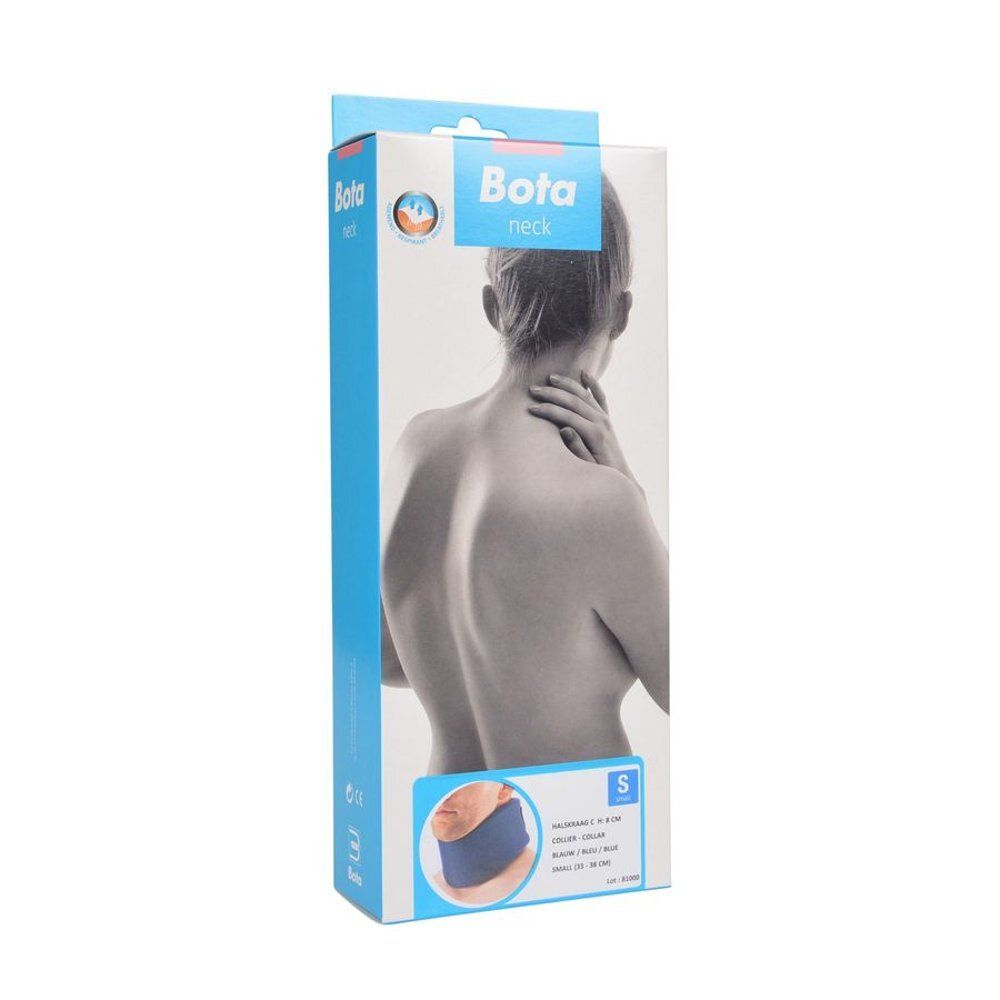 Bota collier cervical, bleu foncé, sur le cou d'une personne. Vue latérale. Fermeture noire.