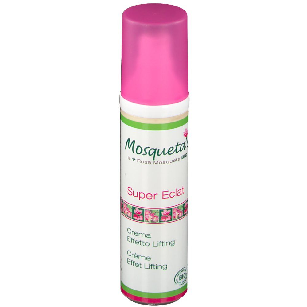 Flacon de crème avec bouchon rose. Inscriptions: Mosqueta's, Super Eclat, Crema Effetto Lifting, Crème Effet Lifting. Label bio.