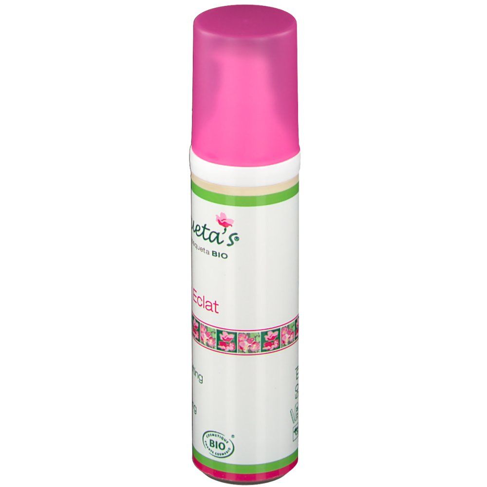 Flacon de crème avec bouchon rose. Inscriptions: Mosqueta's, Super Eclat, Crema Effetto Lifting, Crème Effet Lifting. Label bio.