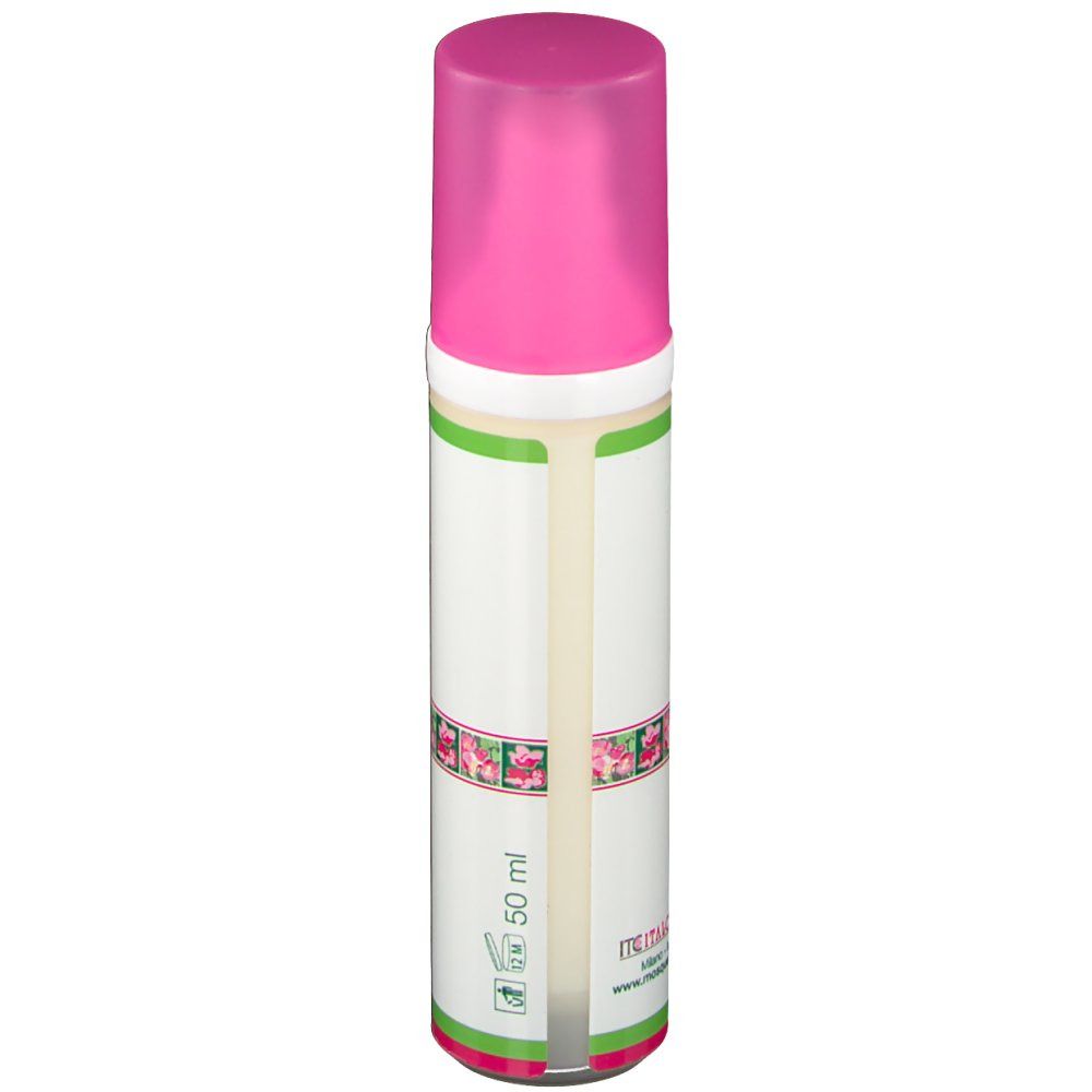 Flacon de crème avec bouchon rose. Inscriptions: 50 ml. Logos de recyclage et environnement.