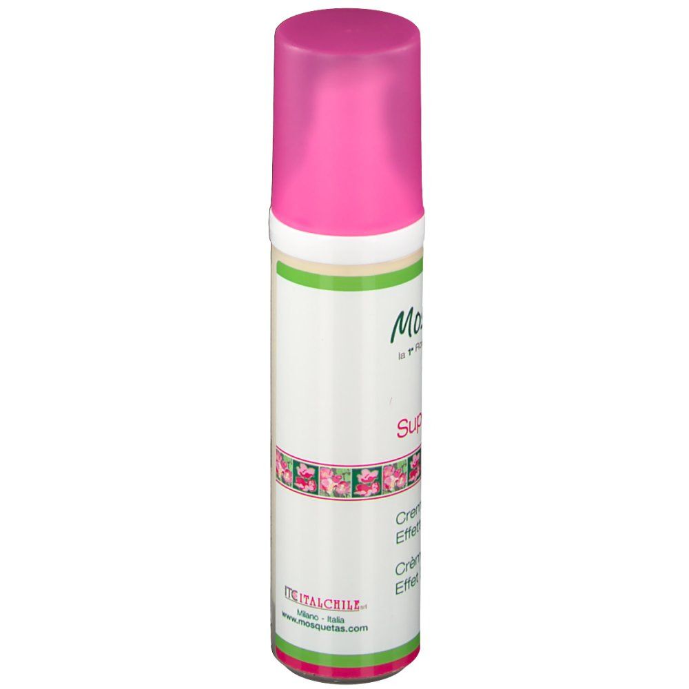 Flacon de crème avec bouchon rose. Inscriptions: Mosqueta's, Super Eclat, Crema Effetto Lifting, Crème Effet Lifting. Adresse du site web.