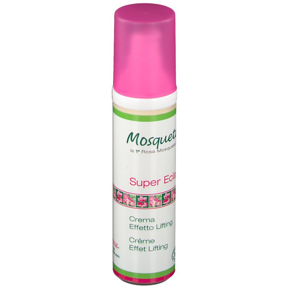Flacon de crème avec bouchon rose. Inscriptions: Mosqueta's, Super Eclat, Crema Effetto Lifting, Crème Effet Lifting. Label bio.