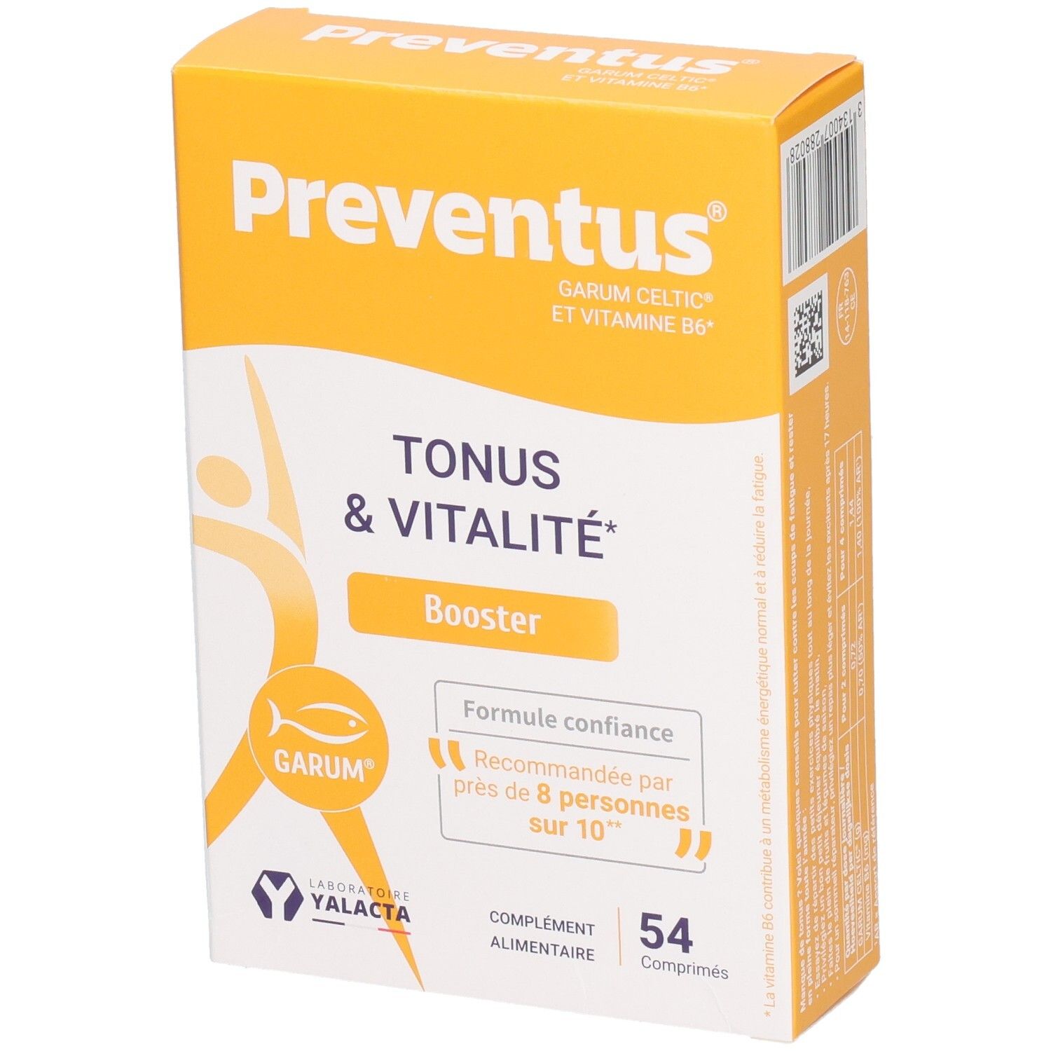 Verpackung von Yalacta Preventus, Nahrungsergänzungsmittel für Tonus & Vitalität, 54 Kapseln.