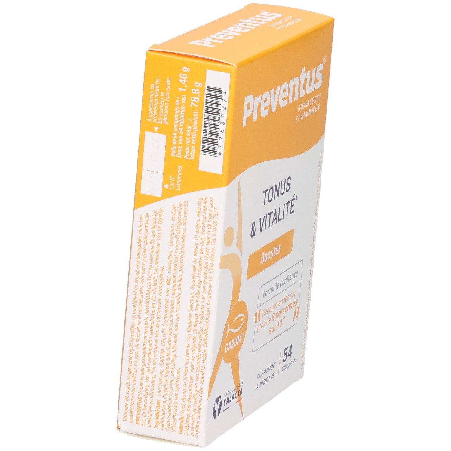 Verpackung von Yalacta Preventus, Nahrungsergänzungsmittel für Tonus & Vitalität, 54 Kapseln.