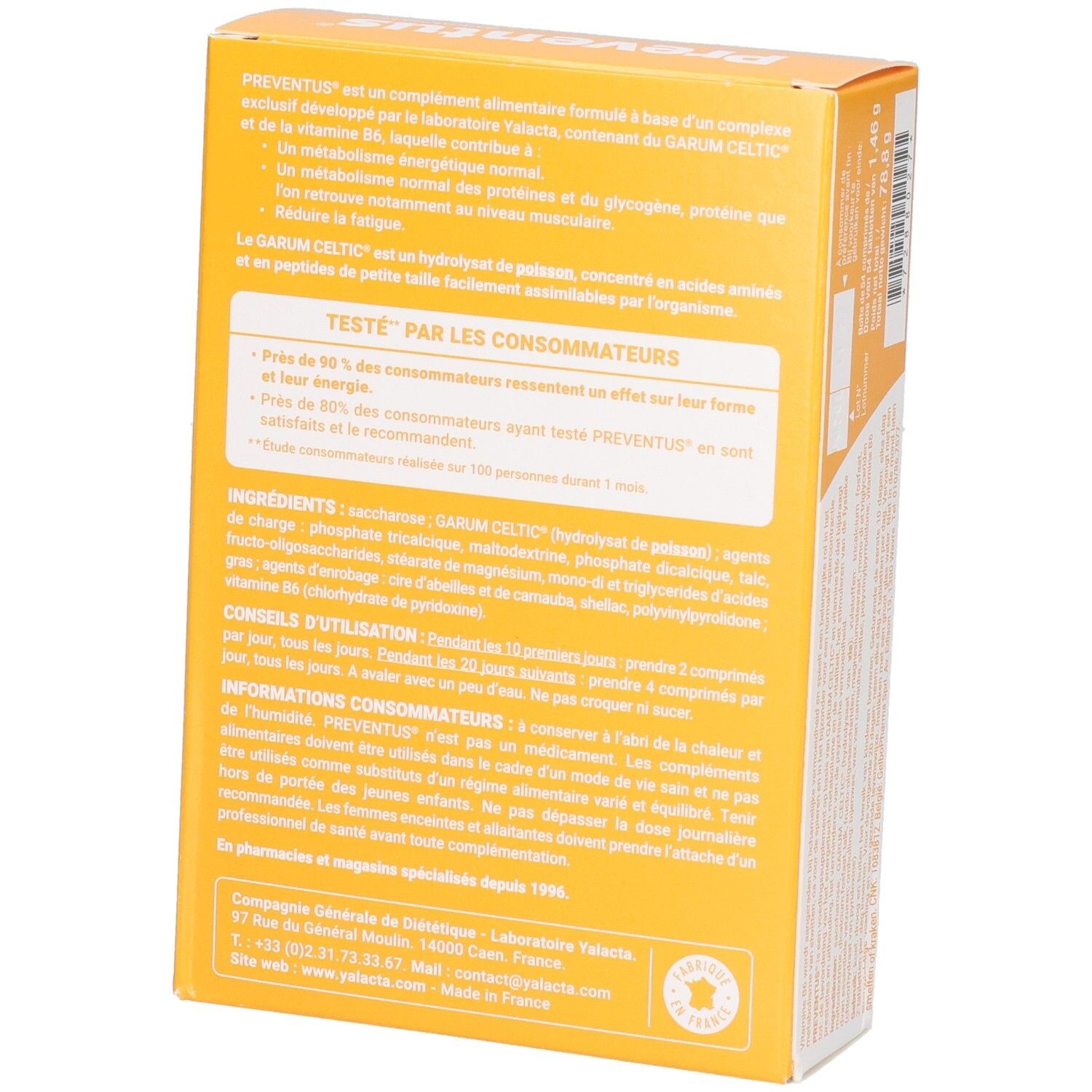 Verpackung von Yalacta Preventus, Nahrungsergänzungsmittel für Tonus & Vitalität, 54 Kapseln.