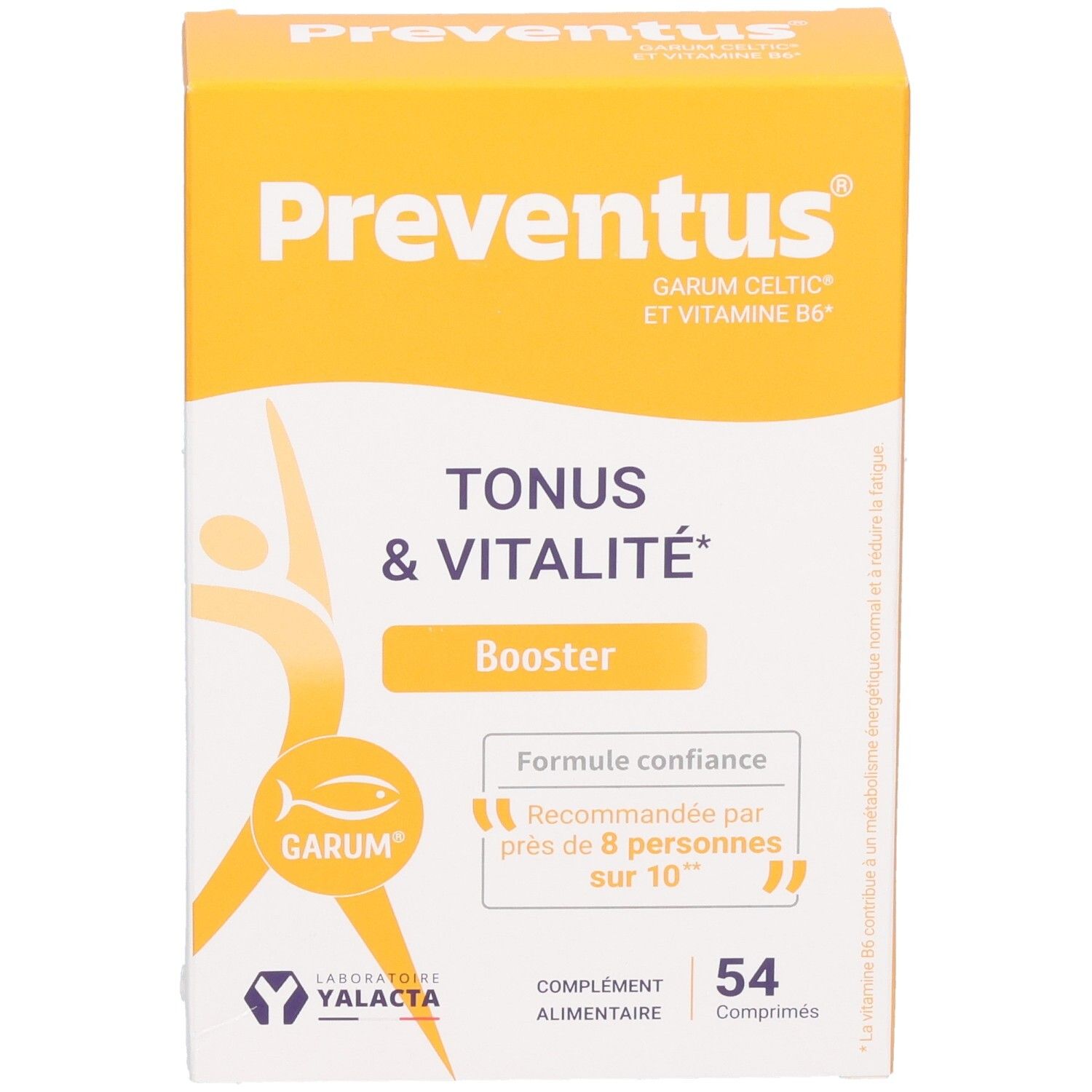 Verpackung von Yalacta Preventus, Nahrungsergänzungsmittel für Tonus & Vitalität, 54 Kapseln.