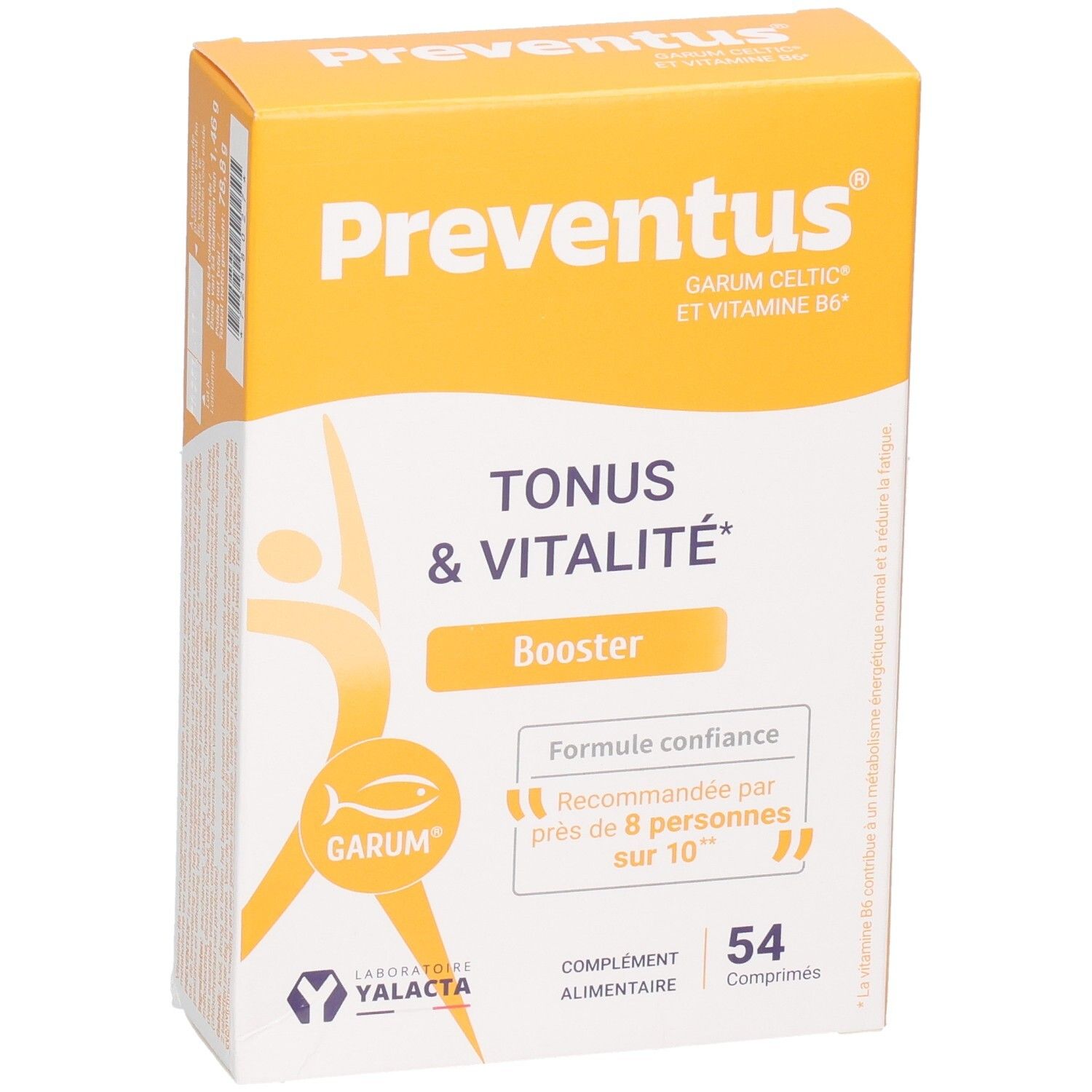 Verpackung von Yalacta Preventus, Nahrungsergänzungsmittel für Tonus & Vitalität, 54 Kapseln.