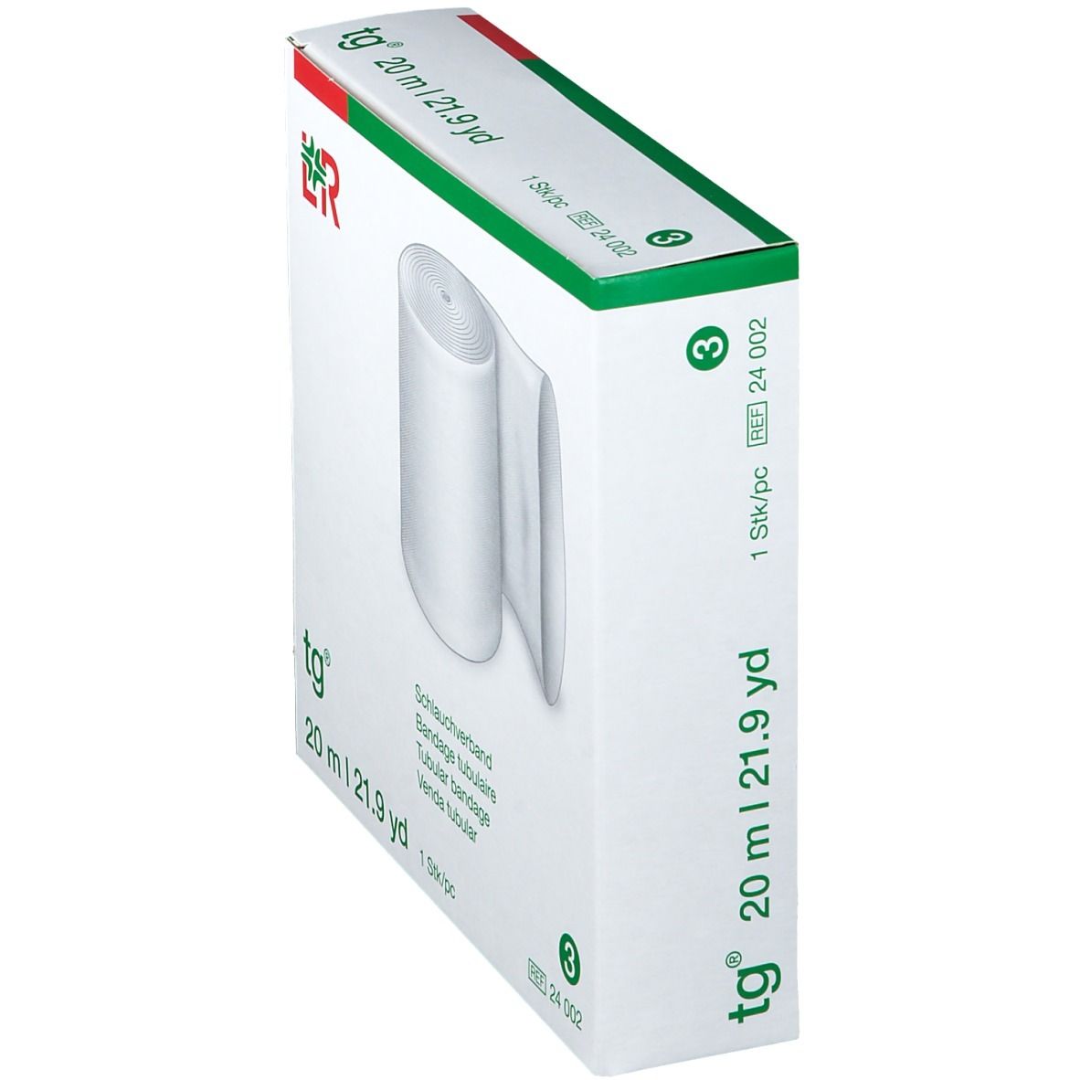 Emballage incliné avec bandage tubulaire blanc. Inscription: tg, 20 m | 21.9 yd. 1 pc. 3. Logo L&R.